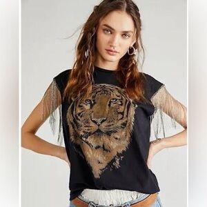 Free People Tiger T-shirt with metal fringe sleeves - L